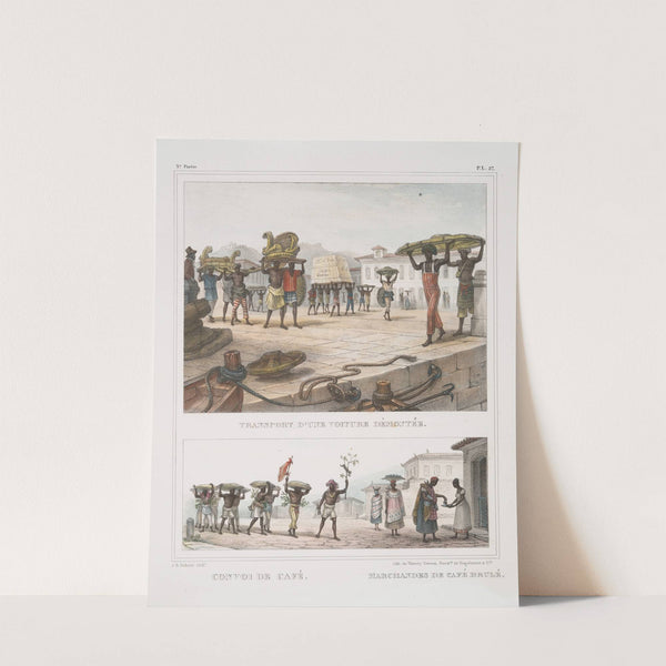 Transport d'une voiture démontée; Convoi de café. Marchandes de café brûlé by Jean Baptiste Debret