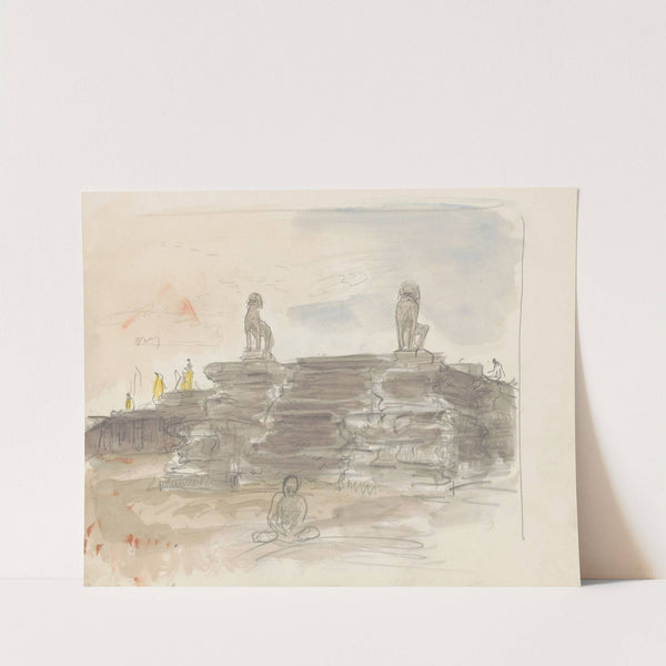 Trap geflankeerd door beelden van leeuwen bij de Angkor Wat tempel in Cambodja (1931) by Marius Bauer