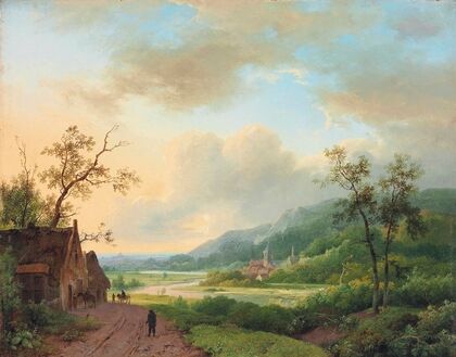 Travellers on a riverside track at dusk
