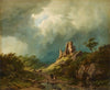 Travellers passing a ruined castle in a stormy landscape