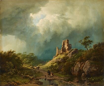 Travellers passing a ruined castle in a stormy landscape