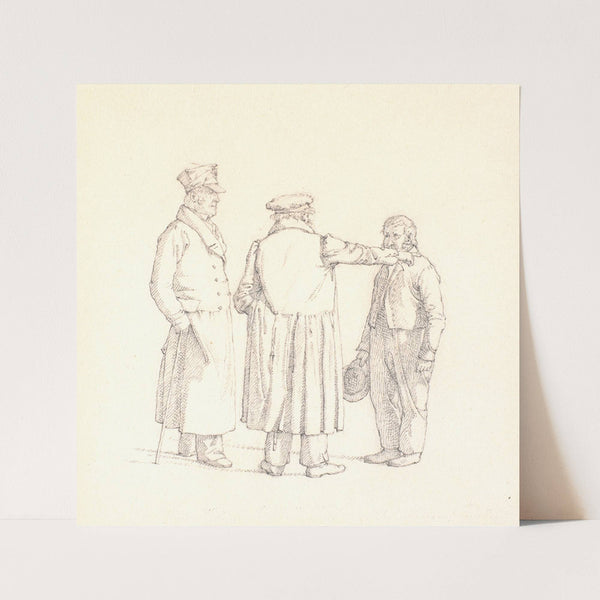 Tre personer i samtale; rygvendt i midten bagermester Købke, t.v. major Krohn og t.h. slavesergent Sprøch by Christen Købke