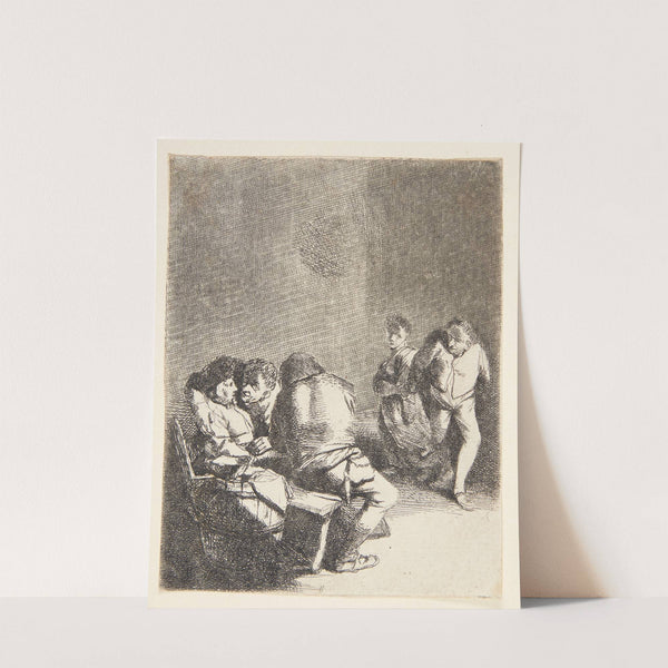 Tre siddende personer og et dansende par by Cornelis Pietersz. Bega