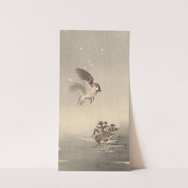 Tree sparrow with young by Ohara Koson