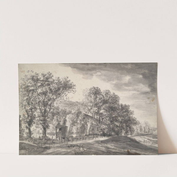 Trees and cottages in hilly landscape (17th century) by Antonie Waterloo