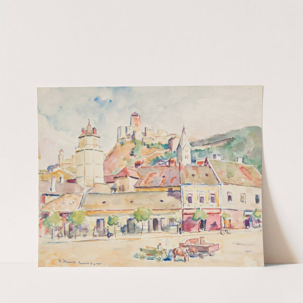 Trenczyn - widok fragmentu miasta ze wzgórzem zamkowym by Ivan Ivanec