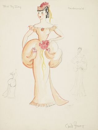 Trial by Jury: Bridesmaid. Orange dress with puffed waist. Orange cap with red flowers (1934-1943)