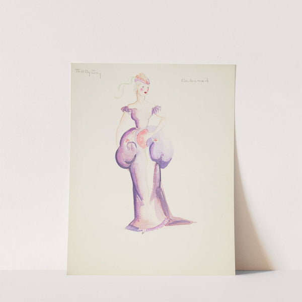 Trial by Jury: Bridesmaid. Purple gown with puffed waist. Purple cap with peach flowers (1934-1943) by Emile Stoner