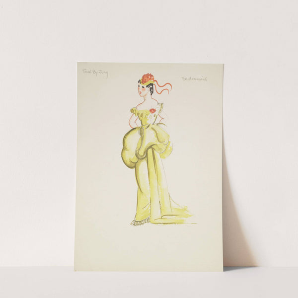Trial by Jury: Bridesmaid. Yellow gown with puffed waist. Yellow hat with red ribbons (1934-1943) by Emile Stoner
