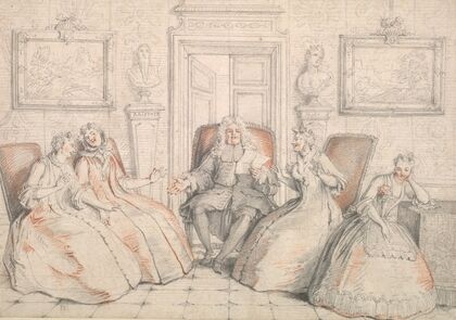 Trissotin Reading to Philaminte, Bélise, and Armande (from act 3, scene 2 of Molière’s “Les Femmes Savantes” (probably c. 1725-1726)