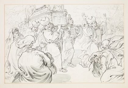 Triumphal procession in which figures labeled Lodge, Foraker, Aldrich, and Shaw bear a container labeled ‘Dingley Tariff’ (1906) — size preview