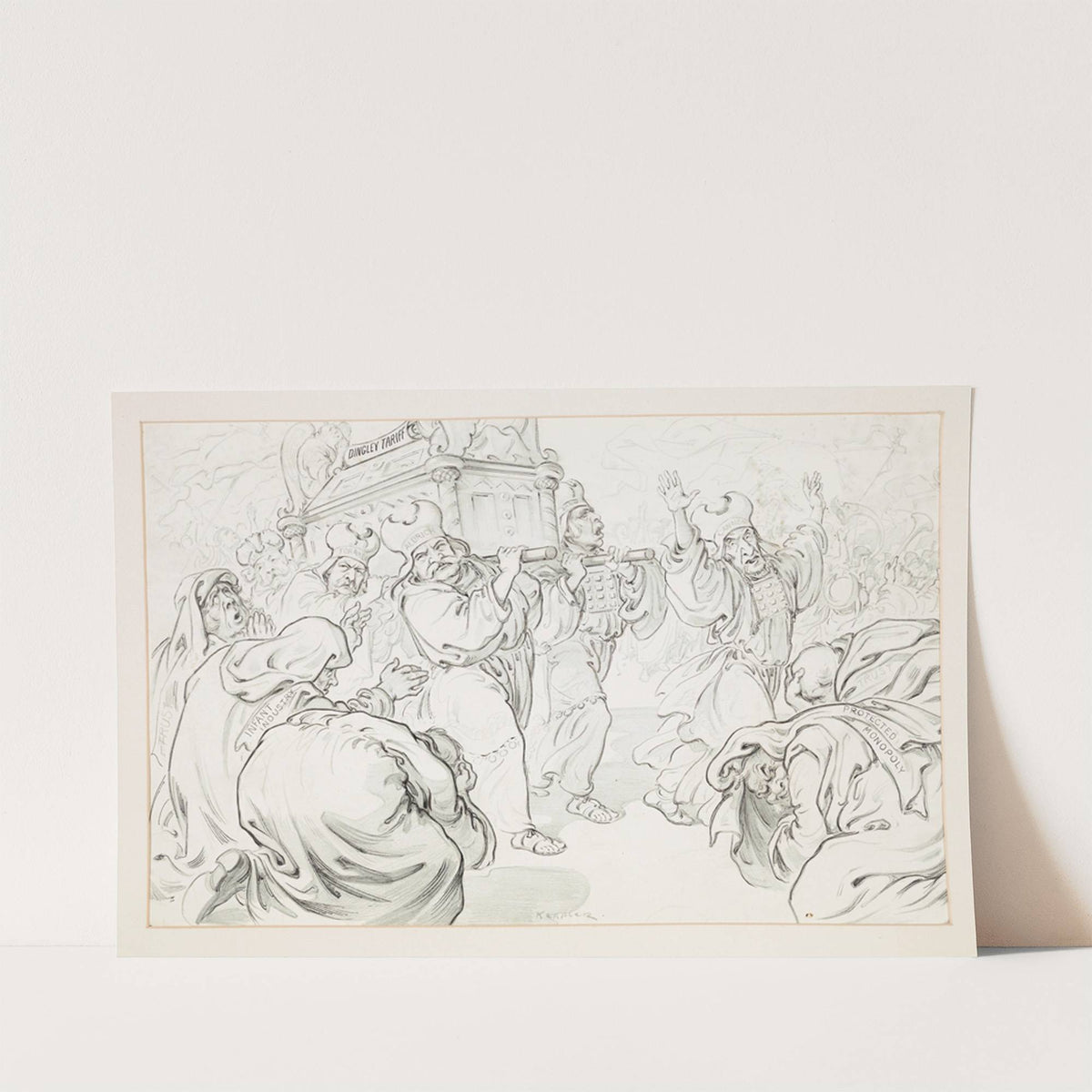 Triumphal procession in which figures labeled Lodge, Foraker, Aldrich, and Shaw bear a container labeled ‘Dingley Tariff’ (1906) by Udo Keppler