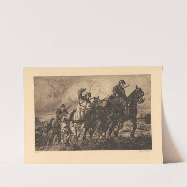 Trois couples de chevaux attelés en flèche et montés par des artilleurs, gravissant une côte sur un champ de bataille by Constant Eugène de Busschere