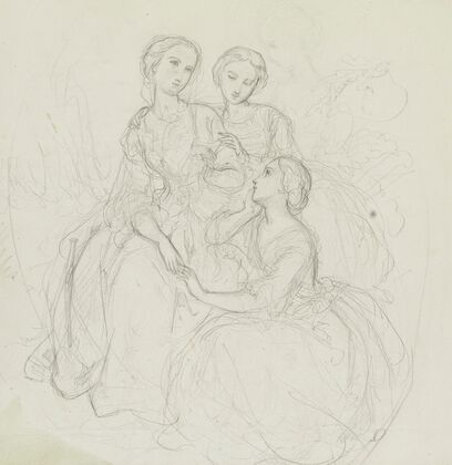 Trois femmes assises et contemplatives en longues robes (1850-1860)