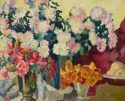 Trois vases de fleurs, assiette de pommes — size preview