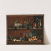 Trompe-l’oeil – cabinet in the pantry with wild fowls, fish and fruit by Jean Valette-Falgores