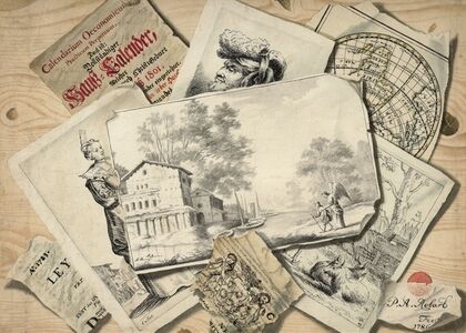 Trompe l’œil of a drawing figuring Tobias and the Angel and of etchings (1786)