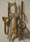 Trompe l’Åil of a hare, hunting horn and hunting satchel