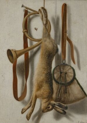 Trompe l’Åil of a hare, hunting horn and hunting satchel