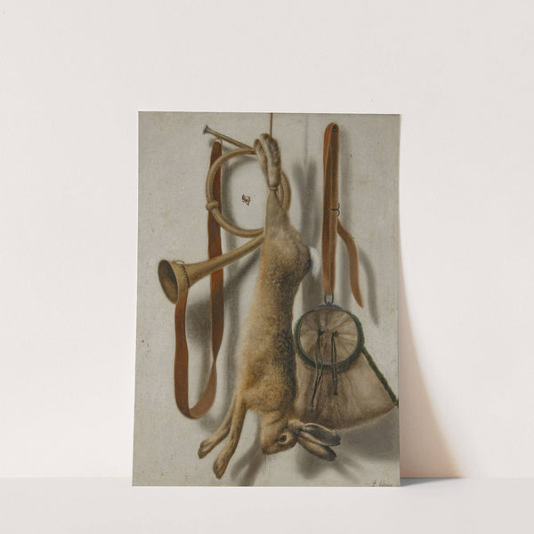 Trompe l'œil of a hare, hunting horn and hunting satchel by Jacob Biltius