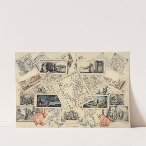 Trompe l’œil of a map of Italy and of etchings and scores (1834) by P. Verburght