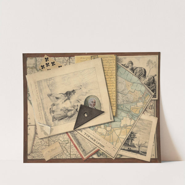 Trompe l’œil of a set square, etchings and maps by French School