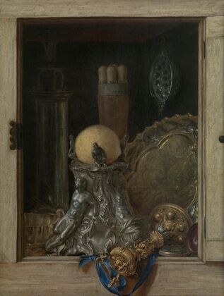 Trompe l’oeil of an open cupboard with precious vessels