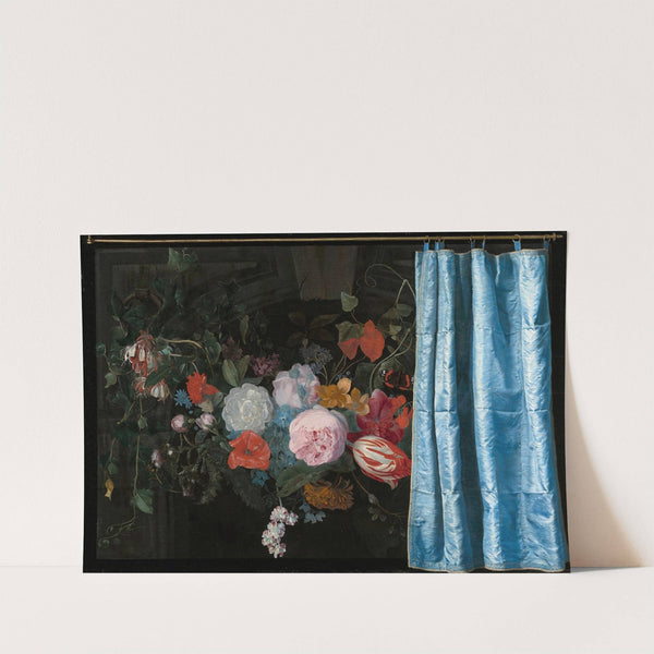 Trompe-l’Oeil Still Life with a Flower Garland and a Curtain by Adriaen van der Spelt