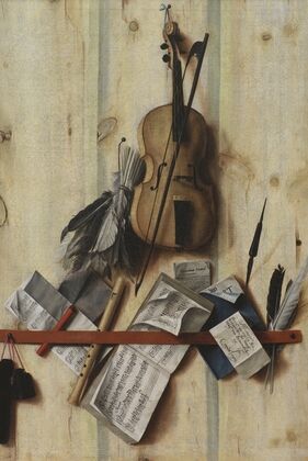 Trompe L’oeil With Violin, Music Book And Recorder