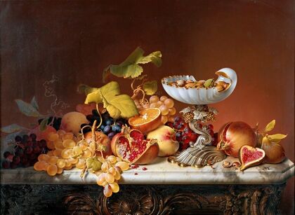 Tropical fruits with milk glass shell in shell shape