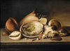 Tropical Sea Shells On A Stone Ledge, Including A Conch, A Giant Murex, Cowries And An Abalone