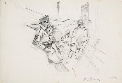 trzej żołnierze Legionu Ukraińskich Strzelców Siczowych w okopie (1914-1918)