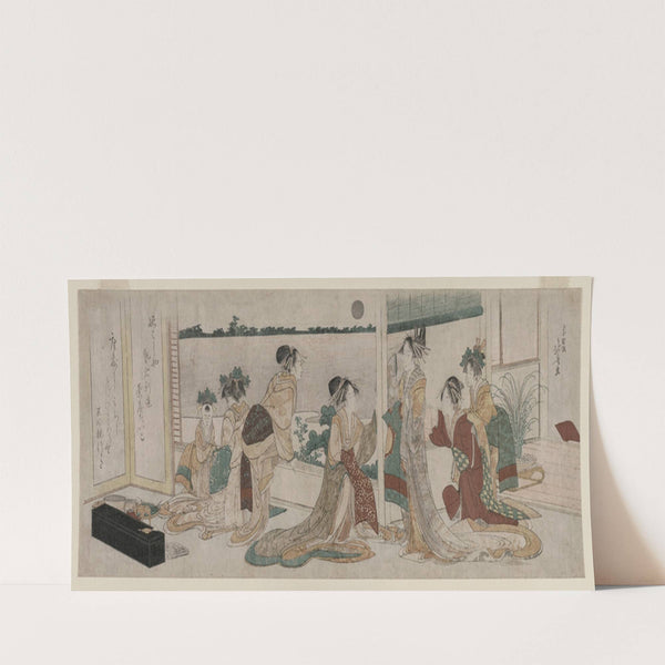 Tsukasa and Other Courtesans of the Ogiya Watching the Autumn Moon Rise Over Rice Fields from a Balcony in the Yoshiwara (1799) by Katsushika Hokusai