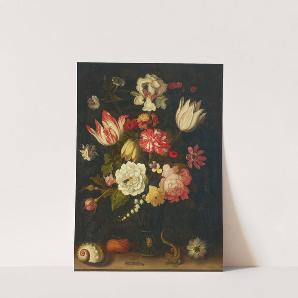 Tulips, carnations, roses and other flowers in a roemer with shells and a lizard on a ledge by Balthasar van der Ast