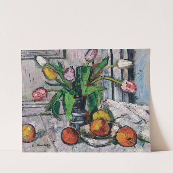 Tulips in a blue vase by George Leslie Hunter