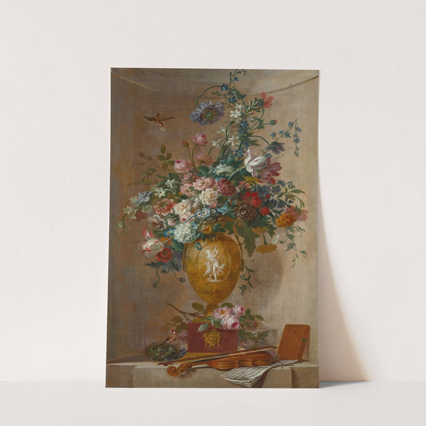 Tulips, roses, narcissi, morning glory and other flowers in a sculpted vase, with a violin and sheet of music (1803) by Willem van Leen