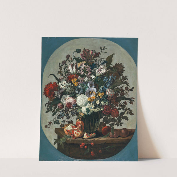 Tulips, squills hydrangeas, peonies, and other flowers in a vase surrounded by pomegranates and other fruit, on a stone ledge (1668) by Gaspar Peeter Verbruggen the Elder