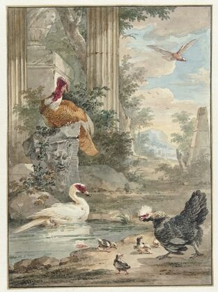 Turkey and Other Birds near Classical Ruins in a Park