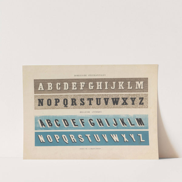 Twee alfabetten in Romein Romeinsche steenkapitalen Hellende antieken (1855) by Pieter Wilhelmus van de Weijer