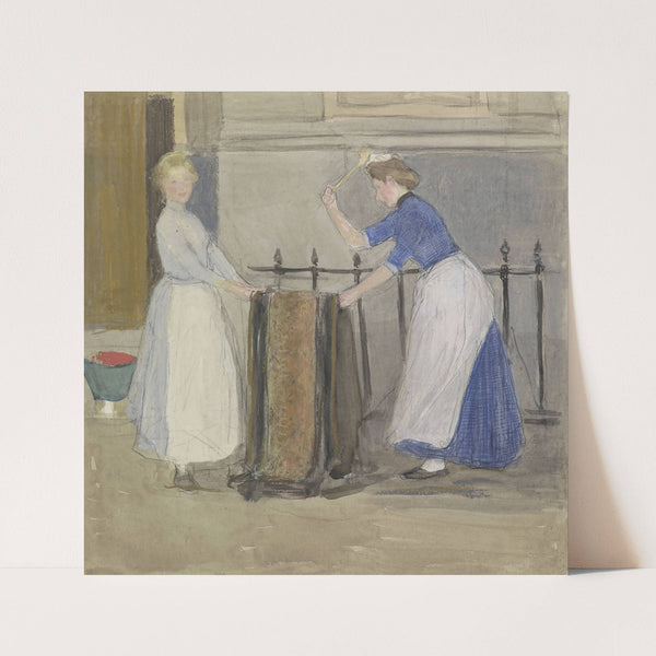 Twee dienstmeisjes, die een mat uitkloppen voor een stadshuis (1874 - 1927) by Johan Antonie de Jonge