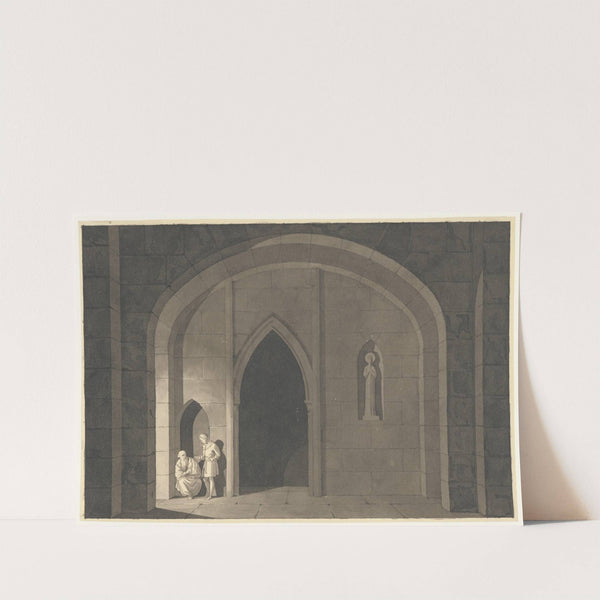 Twee figuren in gesprek in de hoek v. overwelfde ruimte by David Humbert de Superville