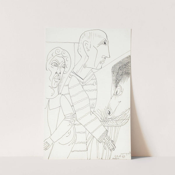 Twee figuren tegenover de kop van een dier dat hooi eet uit een kom by Samuel Jessurun de Mesquita