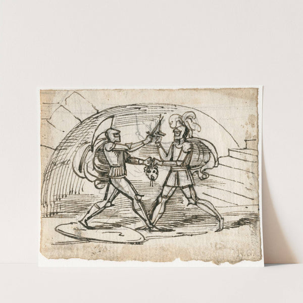 Twee geharnaste krijgers betwisten een hoofd by David Humbert de Superville