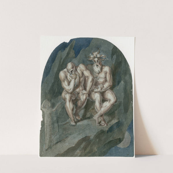 Twee gespierde mannen op een rots kijkend naar een schim by David Humbert de Superville