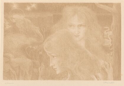 Twee jonge vrouwen, zwanen en een zaaiende oude man (1898)