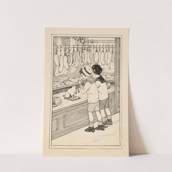 Twee jongens voor de etalage van een slagerij by Nelly Spoor