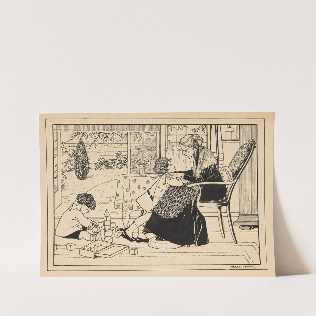 Twee kinderen en een oude vrouw in een interieur by Nelly Spoor