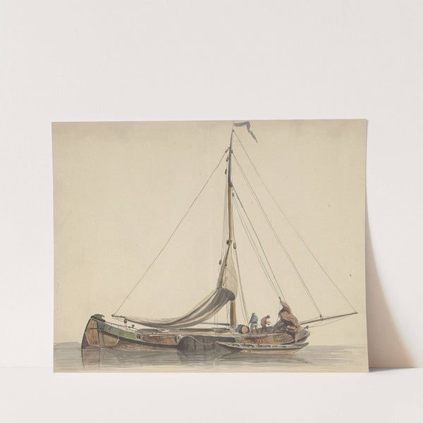 Twee mannen werkend op een platbodem met gestreken zeilen (1828 - 1897) by Adrianus Eversen