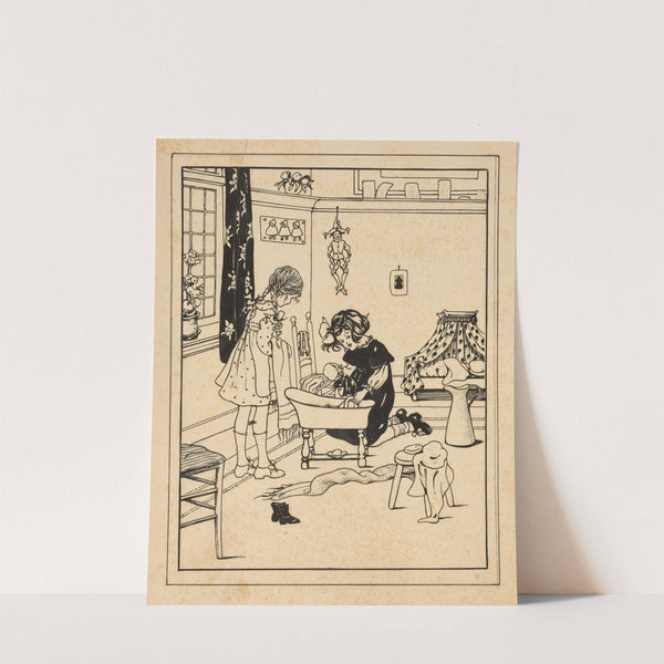 Twee meisjes doen een pop in bad by Nelly Spoor