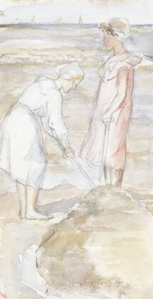 Twee meisjes in roze en wit op het strand (1834 - 1911)